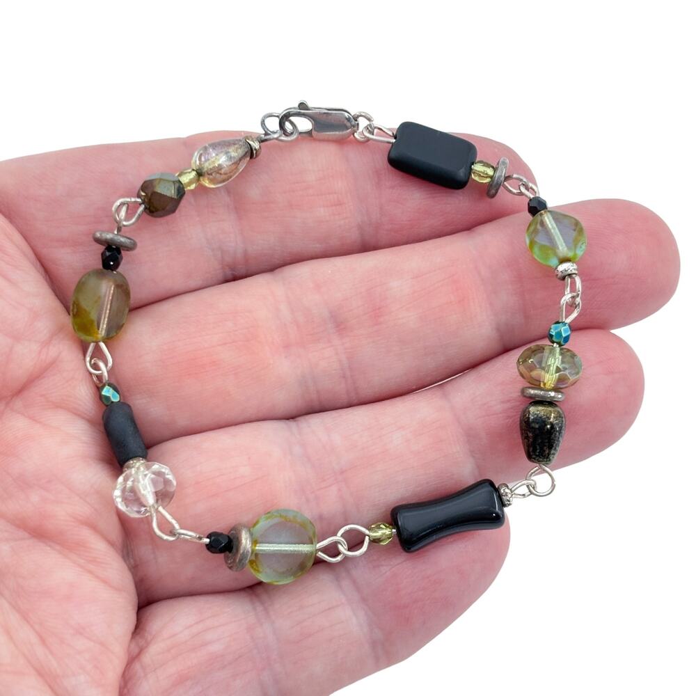 Vintage Sterling Silver 925 Mixed Glass Bead Bracelet 8"